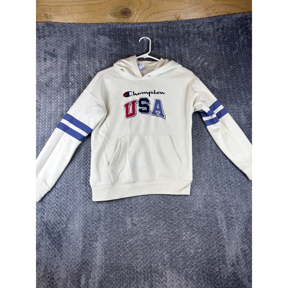 Champion USA Hoodie Boys Medium 10-12 Cream Long Sleeve Fleece Lined Pullover